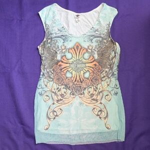 Harley-Davidson Aqua and Orange Graphic Tank Top